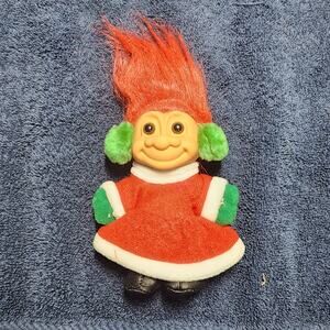 ADORABLE Troll w/ Ear Muffs Cute Red Dress- RED Hair